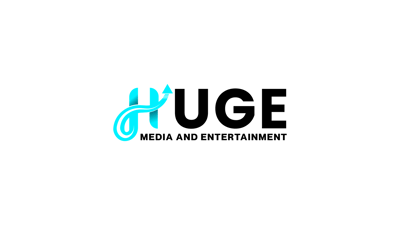 Logo for HUGE Media & Ent Blue with Black text
